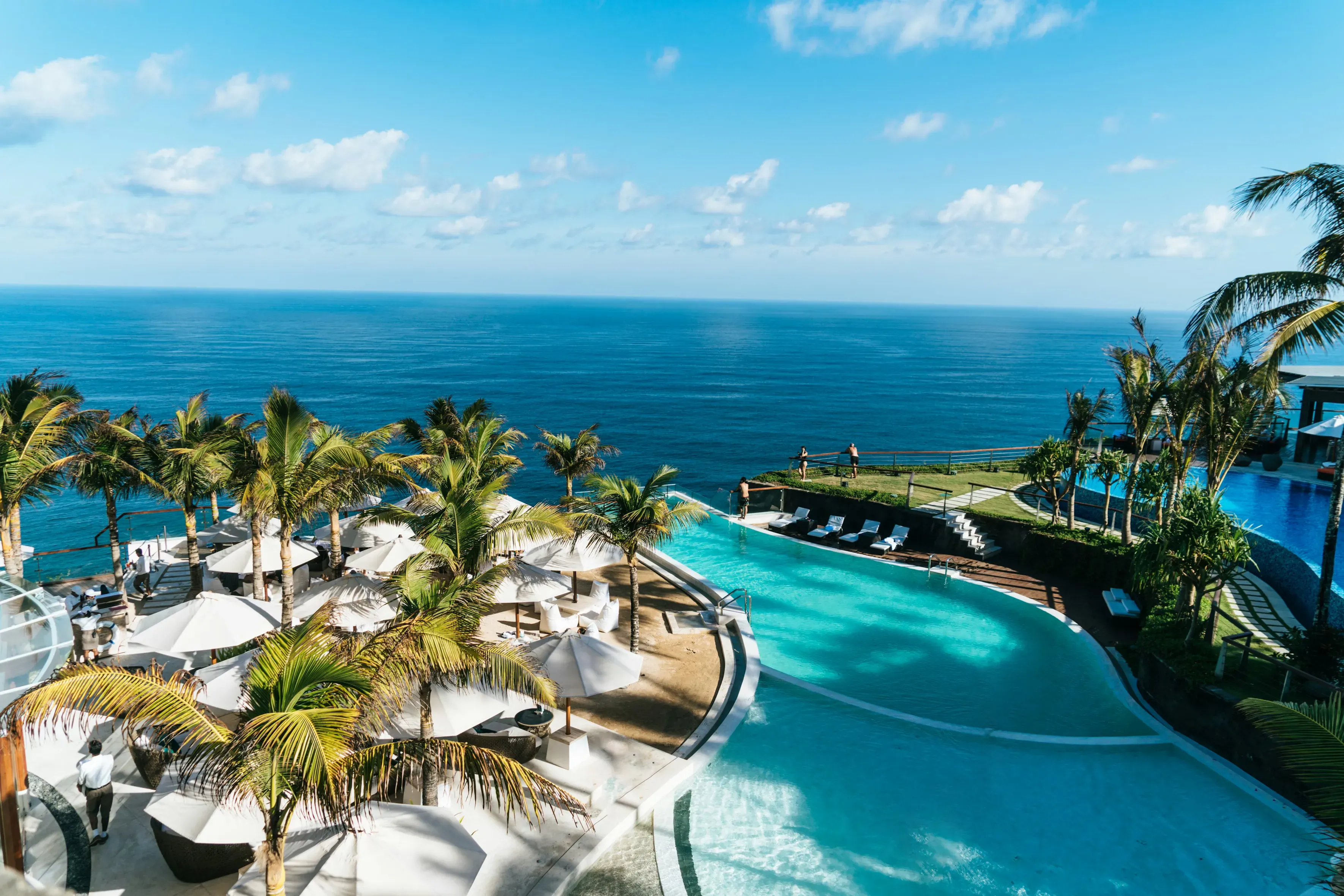 Oceanfront resort infinity pool surrounded by palm trees overlooking the sea